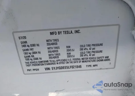 2020 Tesla Model Y Long Range Dual Motor All-Wheel Drive z USA, uszkodzony, nr VIN 5YJYGDEE5LF021846
